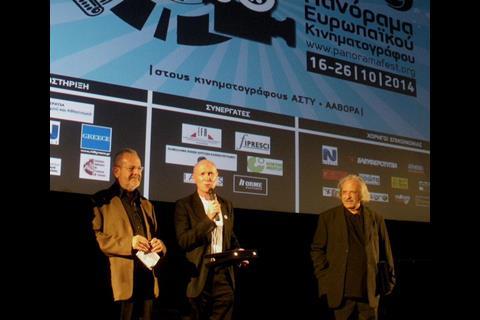 From left, Mikelides, Laverty, Kostas Ferris, the Greek director awarded.